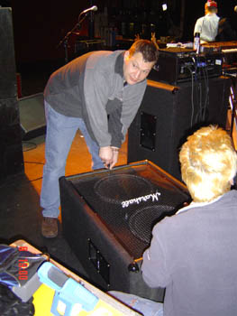 Achim & Rolf mending Trevors Bass Cabinet