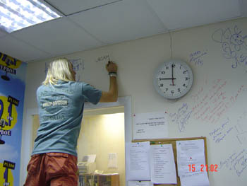 Bernie signing Radio Station wall